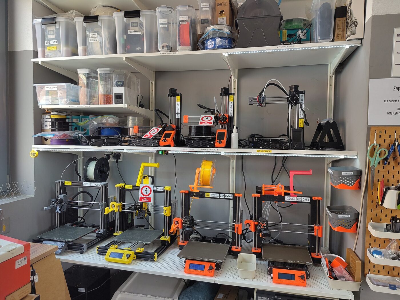 A 3D printer farm at Hackerspace Wrocław.