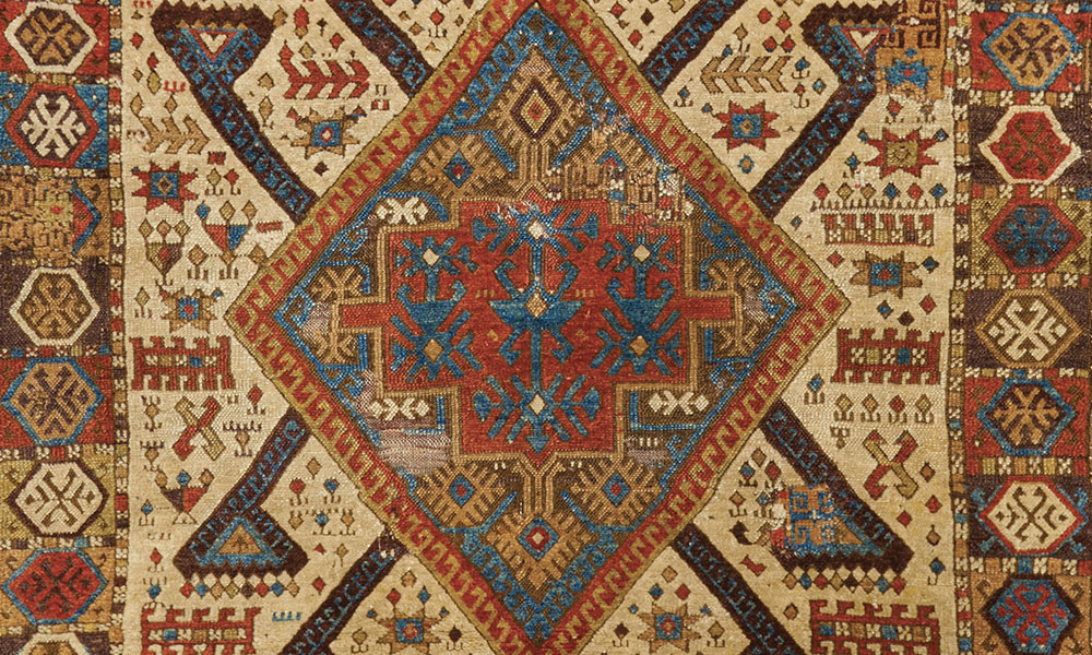 A detailed hand-knotted rug.