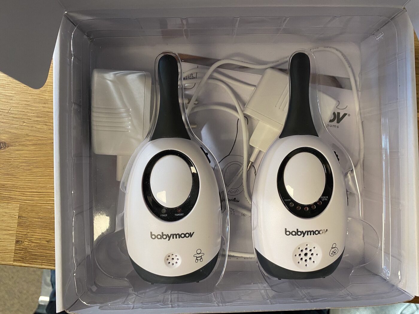 An audio baby monitor pair in its packaging.