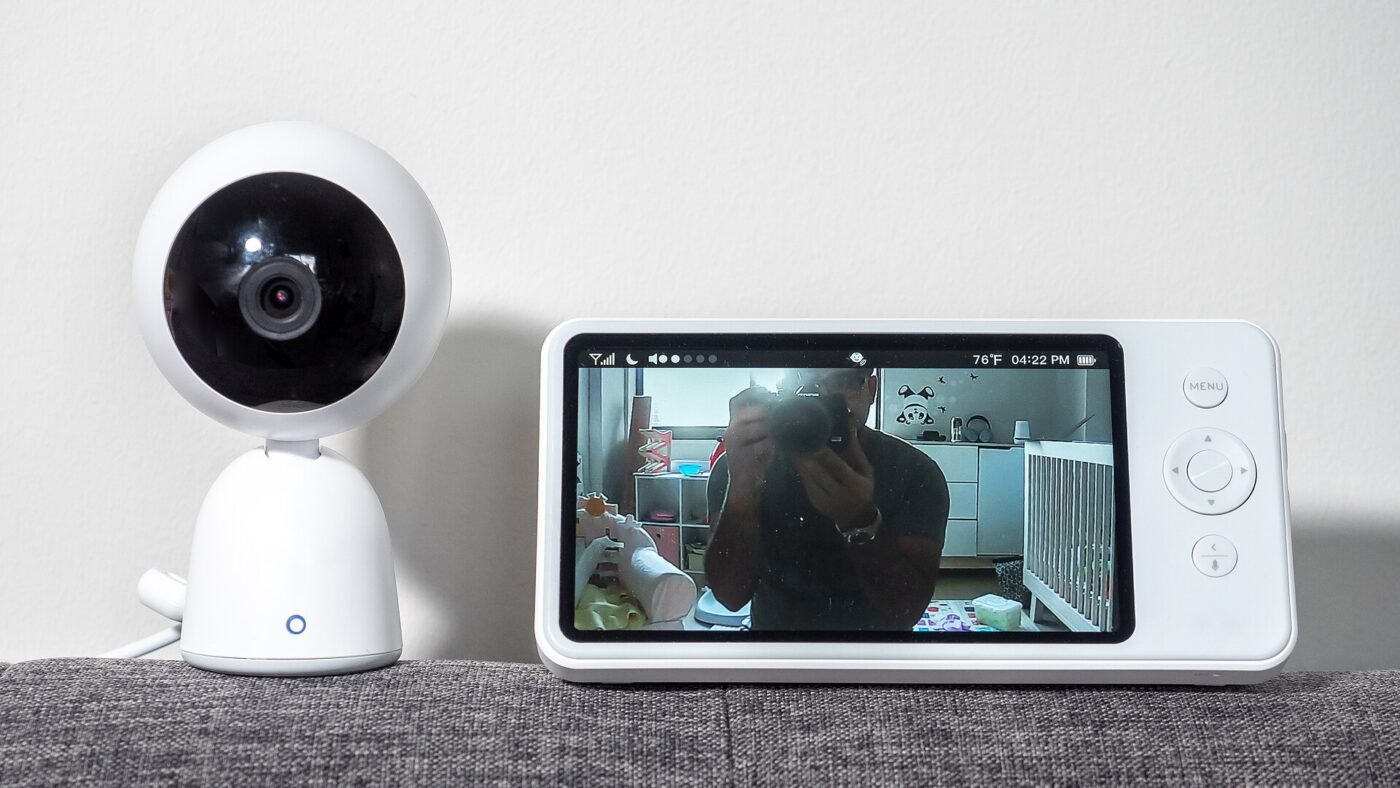 A video baby monitor: camera unit and parent screen.
