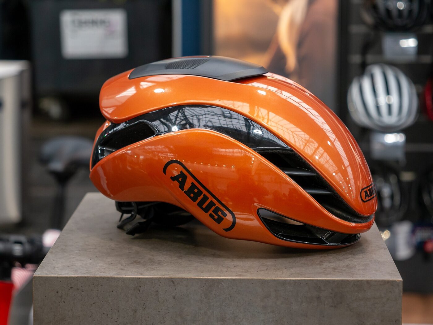 A road cycling helmet on display at Cyclingworld Europe 2024 in Meerbusch.