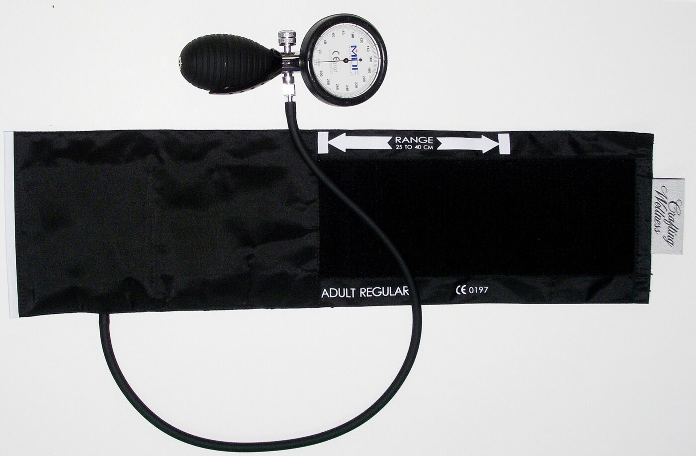 A manual sphygmomanometer and cuff.