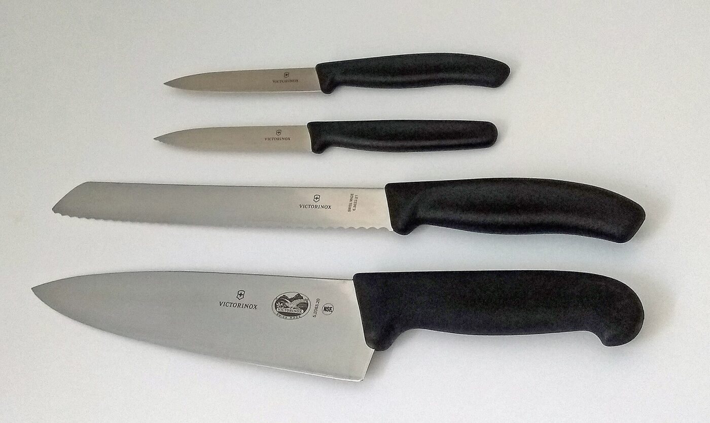 Victorinox kitchen knives: softer stainless steel that dulls sooner but rarely chips.