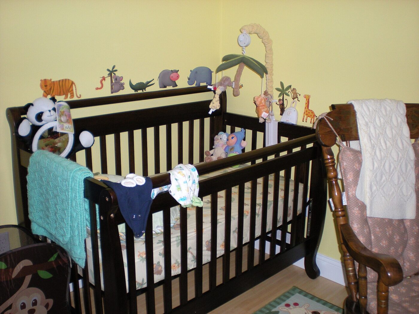 A crib set up in a nursery.