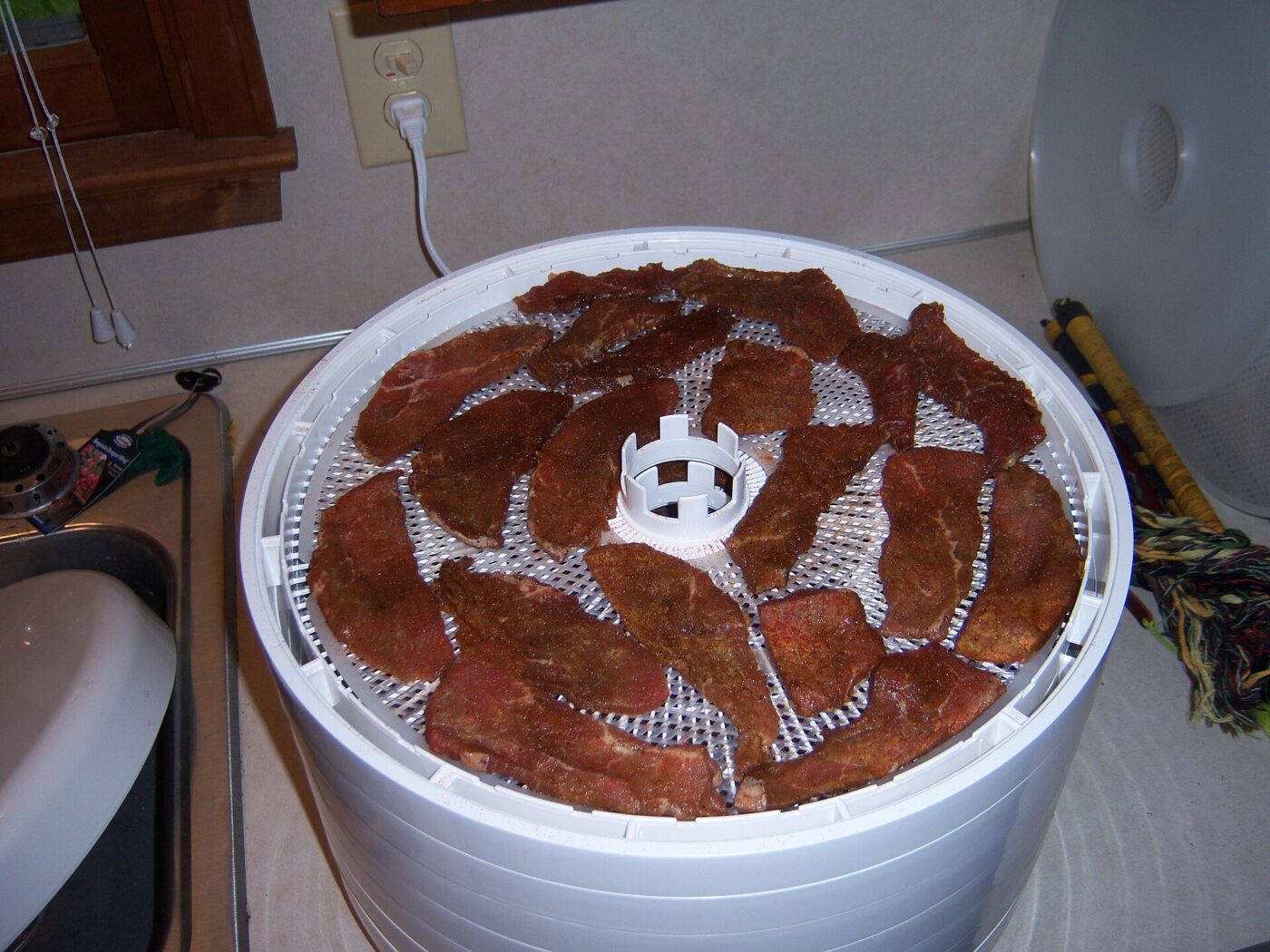 Round white food dehydrator loaded with strips of raw jerky meat.