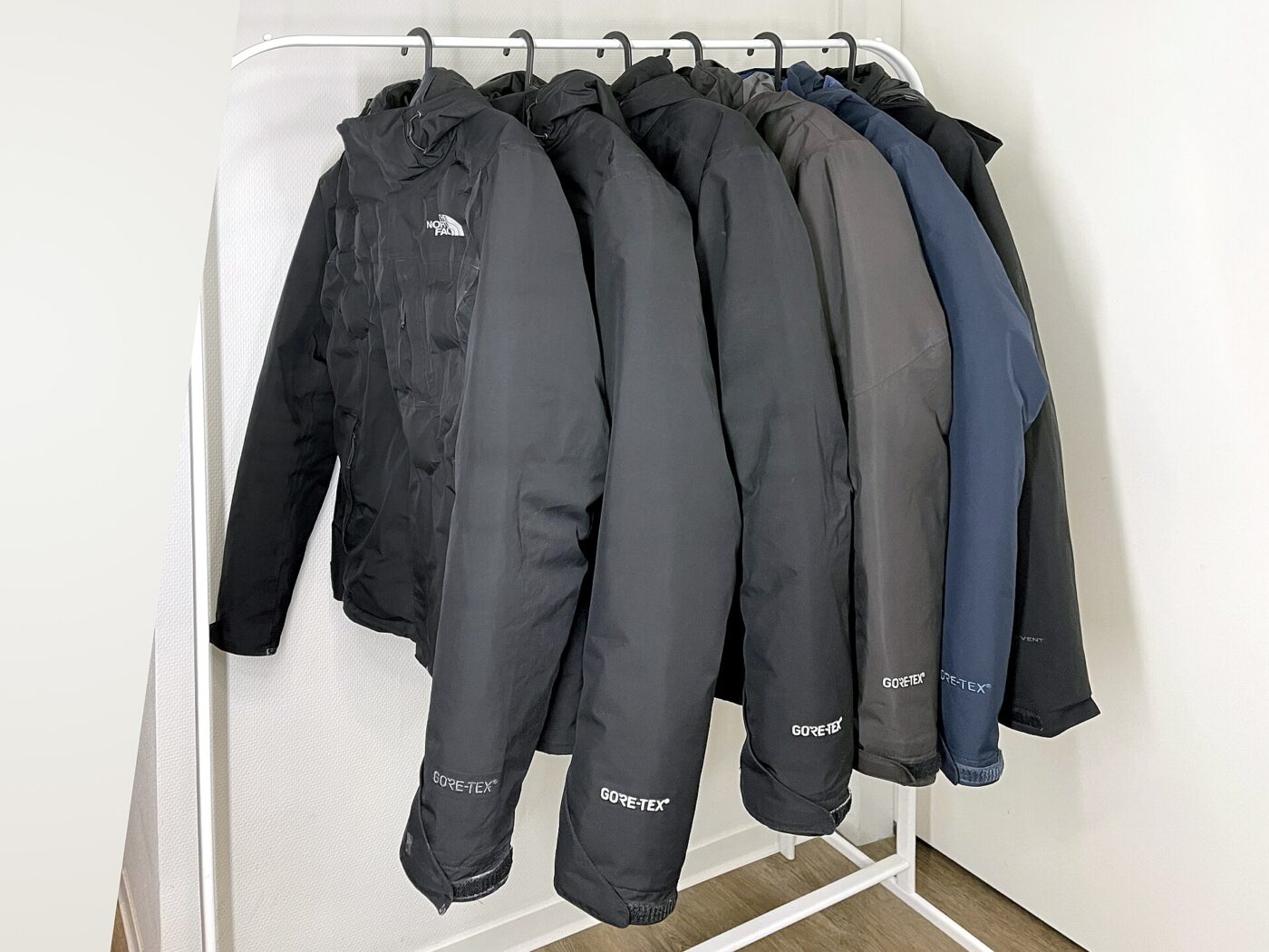 Insulated jackets on a rack.