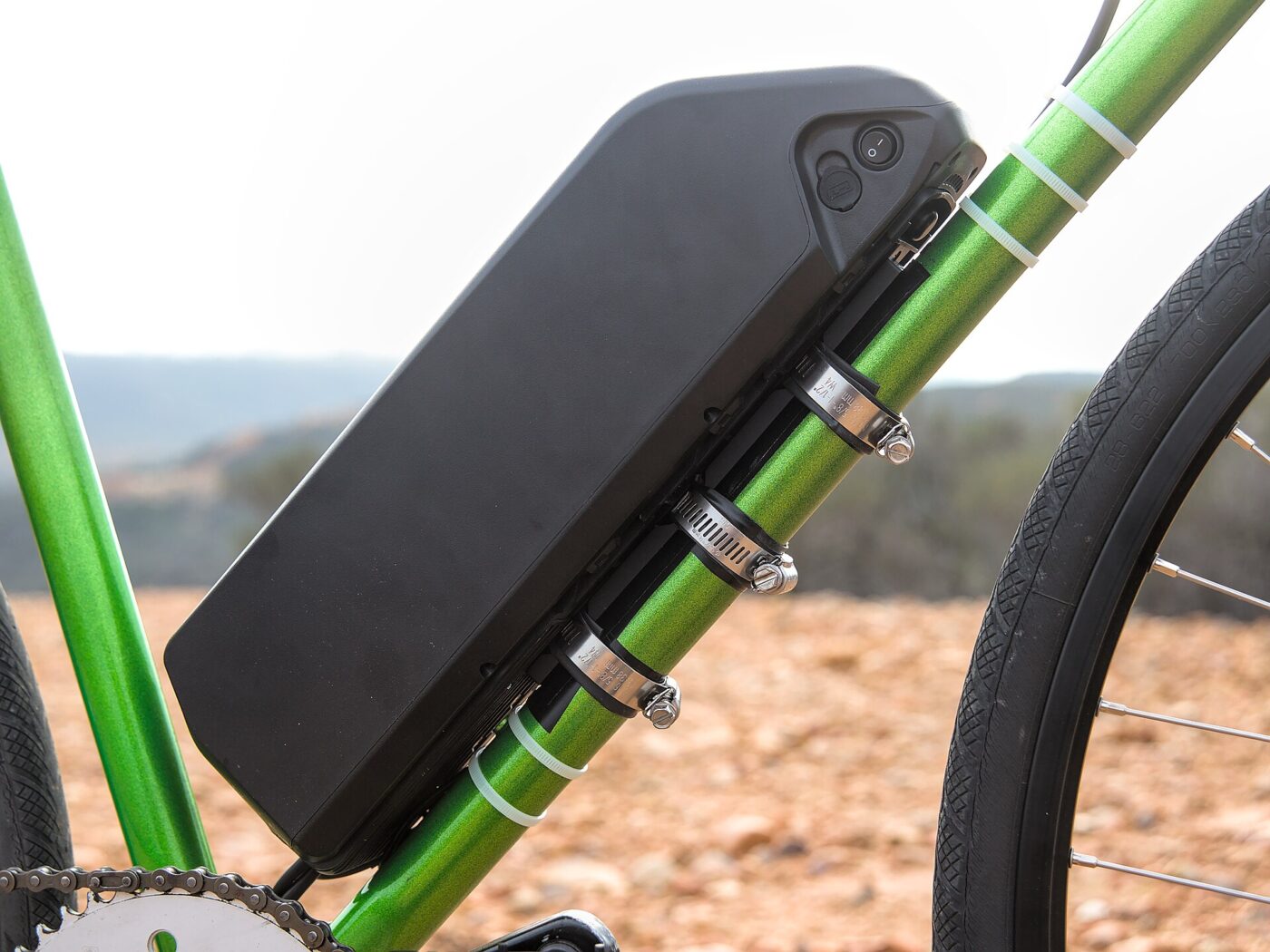 A frame-mounted e-bike battery.