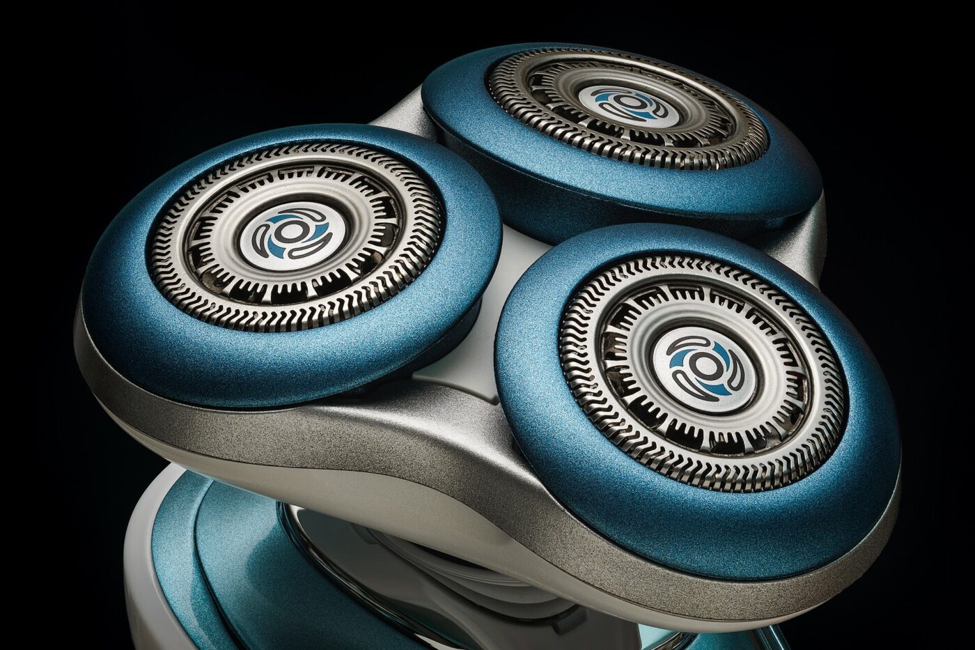 The three rotary heads of a Philips Series 7000 shaver.