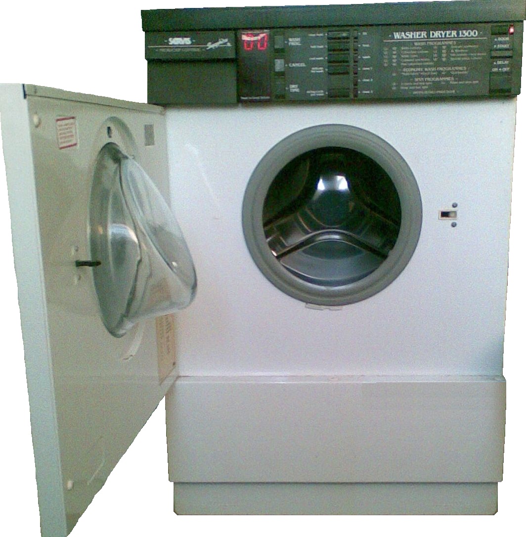 Open front-load washing machine door revealing the drum and rubber door seal.