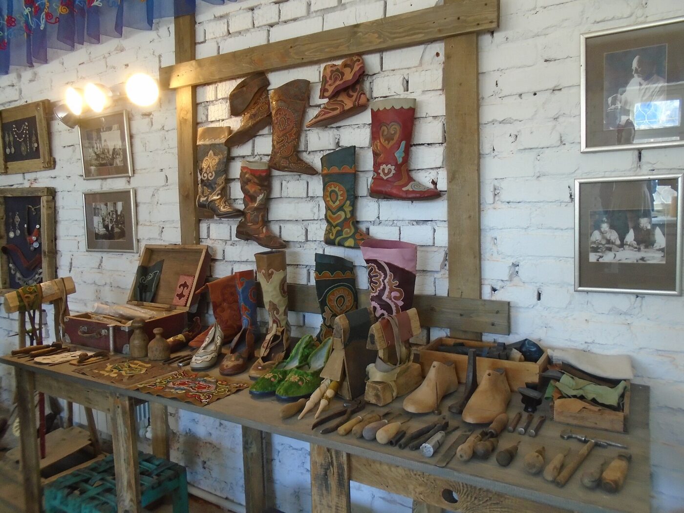 Handmade leather boots displayed at the same Tatar crafts museum-workshop.