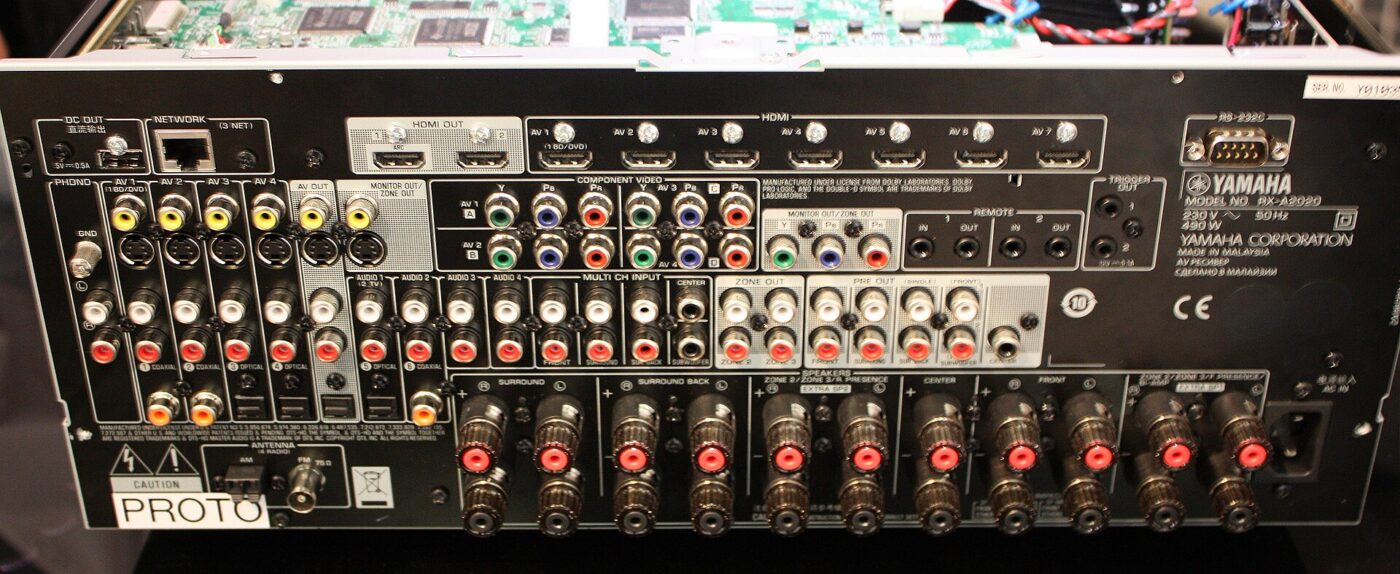 Close-up of the HDMI input and output ports on the back of an AV receiver.