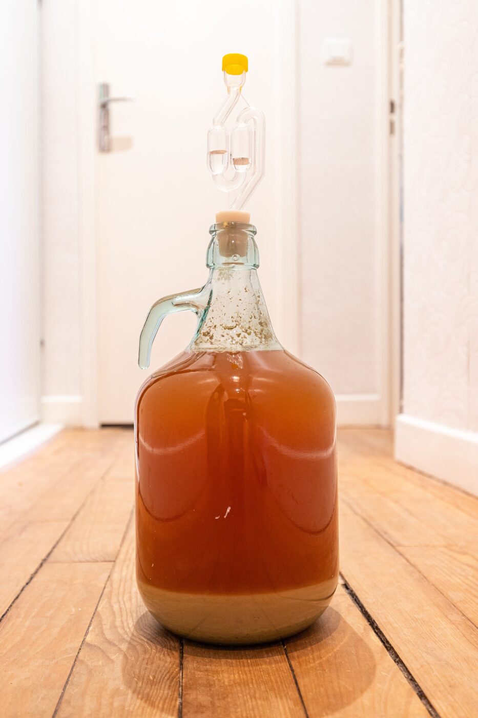 A glass demijohn of fermenting homebrew with a clear airlock stopper, sitting on a wood floor indoors.