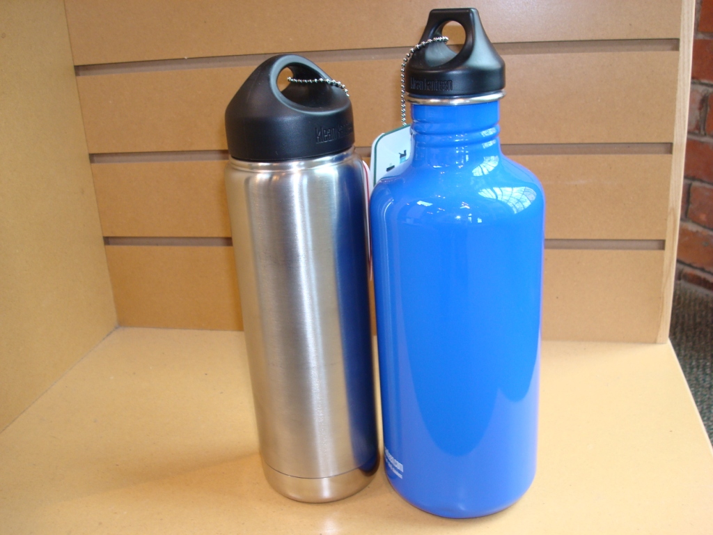 Metal water bottles.