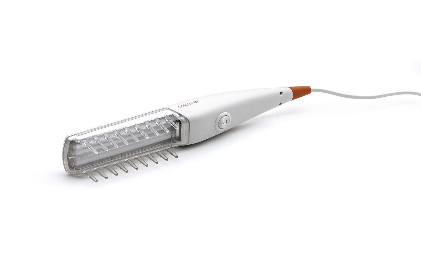 A white handheld phototherapy wand with a comb-toothed, lit head, photographed alone on a plain background.