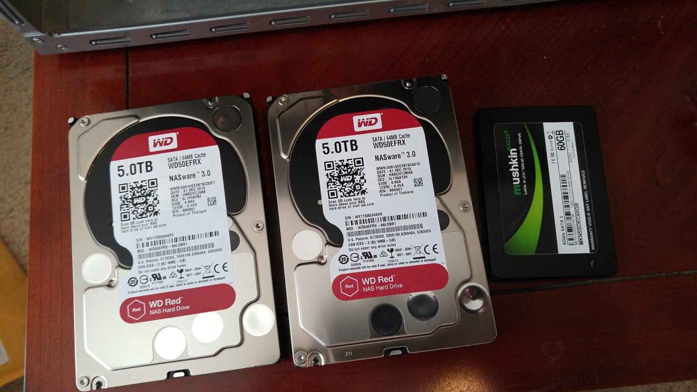 Hard drives pulled from a Dell PowerEdge server during a storage upgrade.