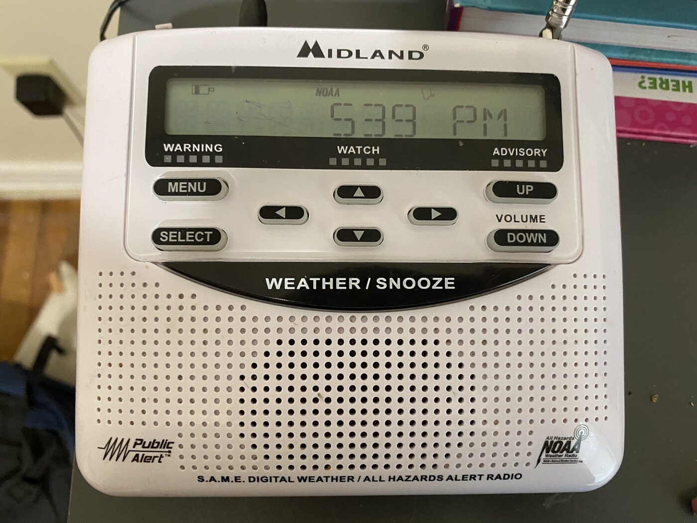 A NOAA Weather Radio receiver with an alert function.