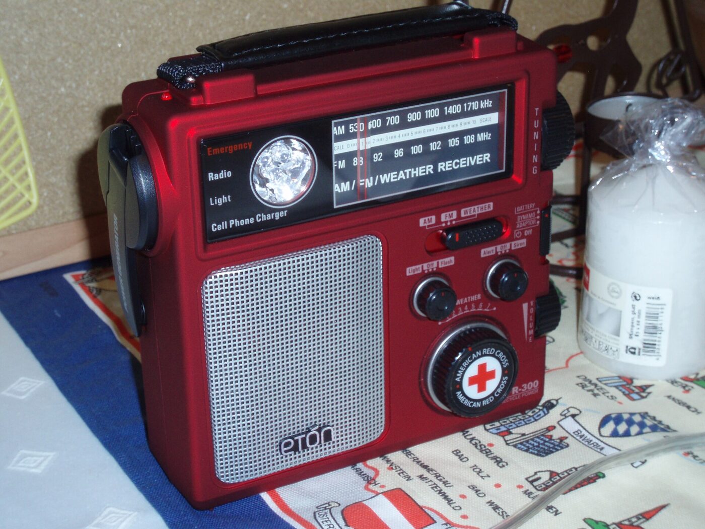 A hand-crank emergency radio.