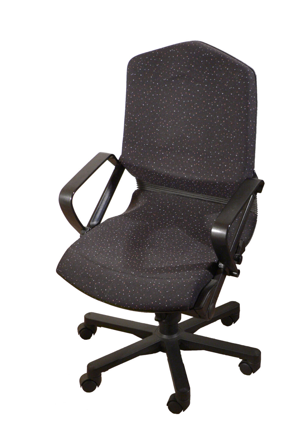 A black office chair on a five-star base. The gas cylinder sits in the column above the wheels.
