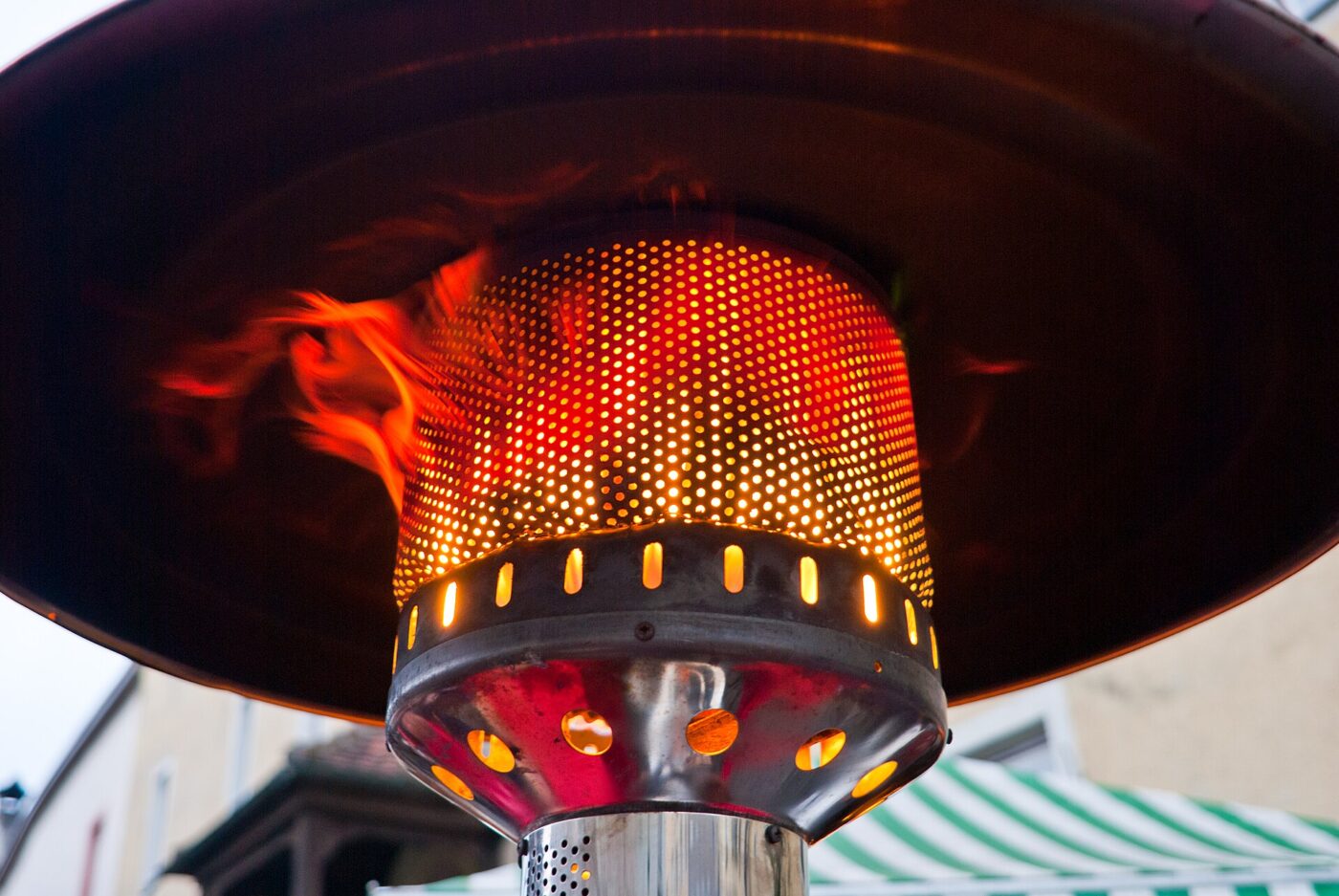 The burner of a gas-fired patio heater.