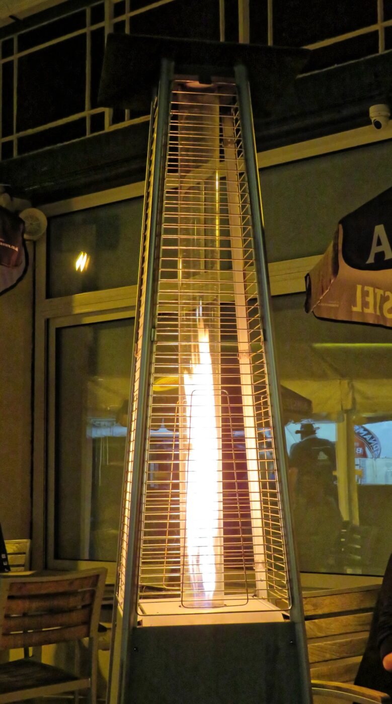 A flame-tower patio heater at The Pavilion, Broadstairs, Kent.