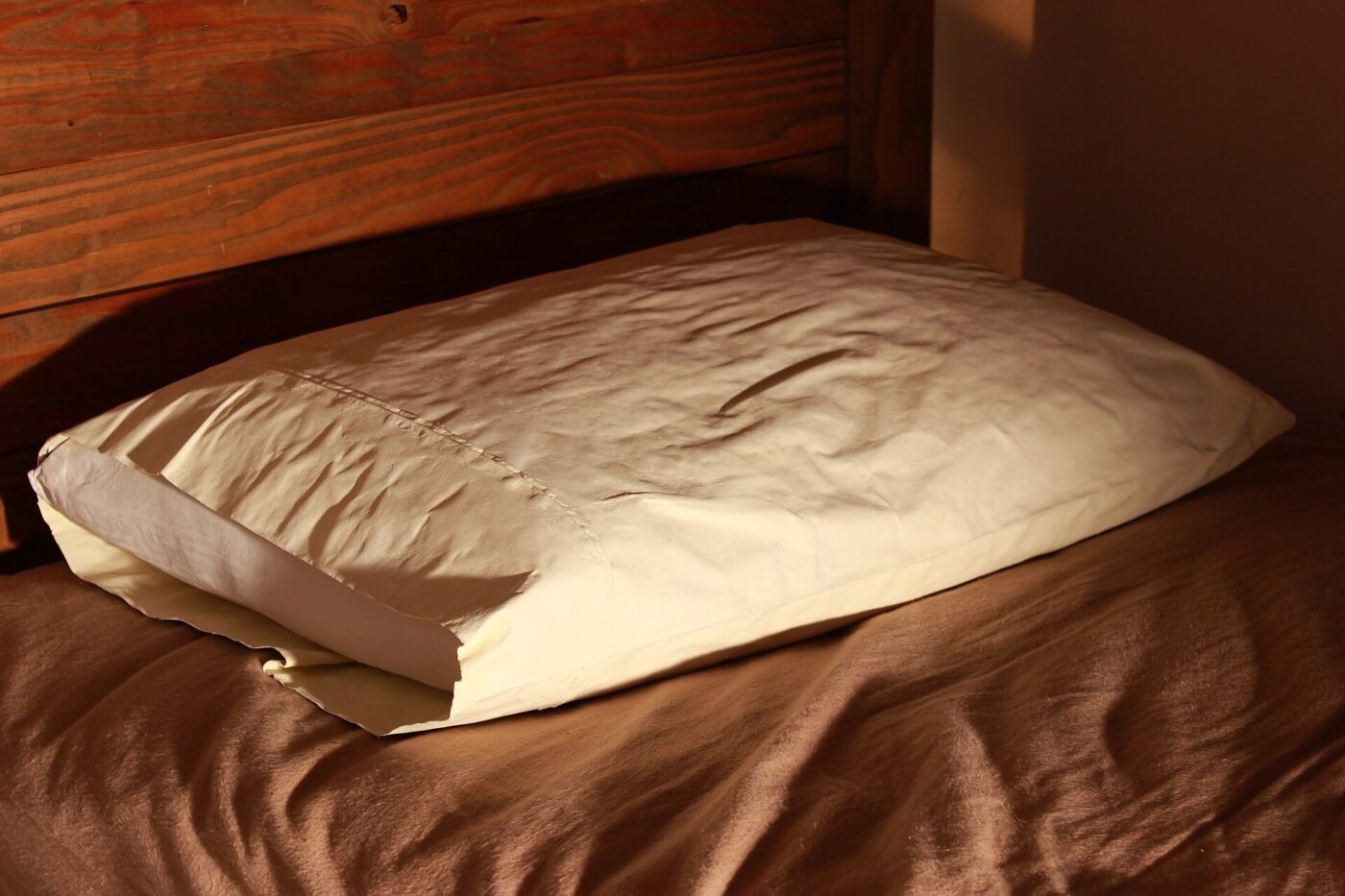 A single thick pillow propped up on a bed.