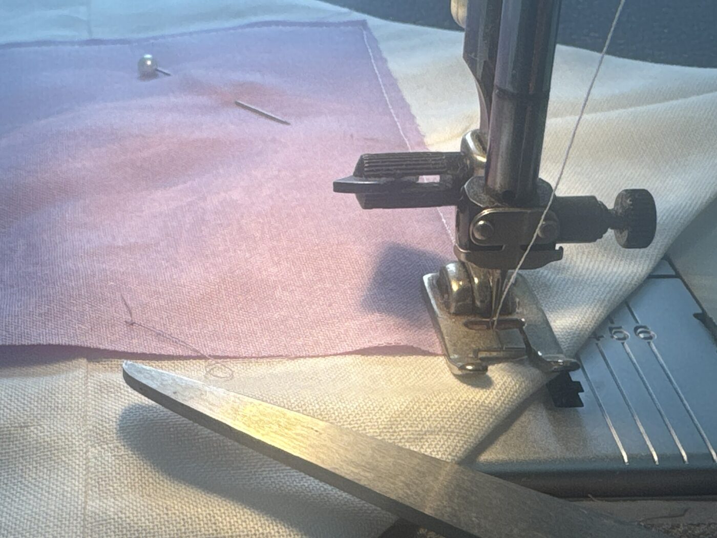 A sewing machine needle and presser foot on fabric.