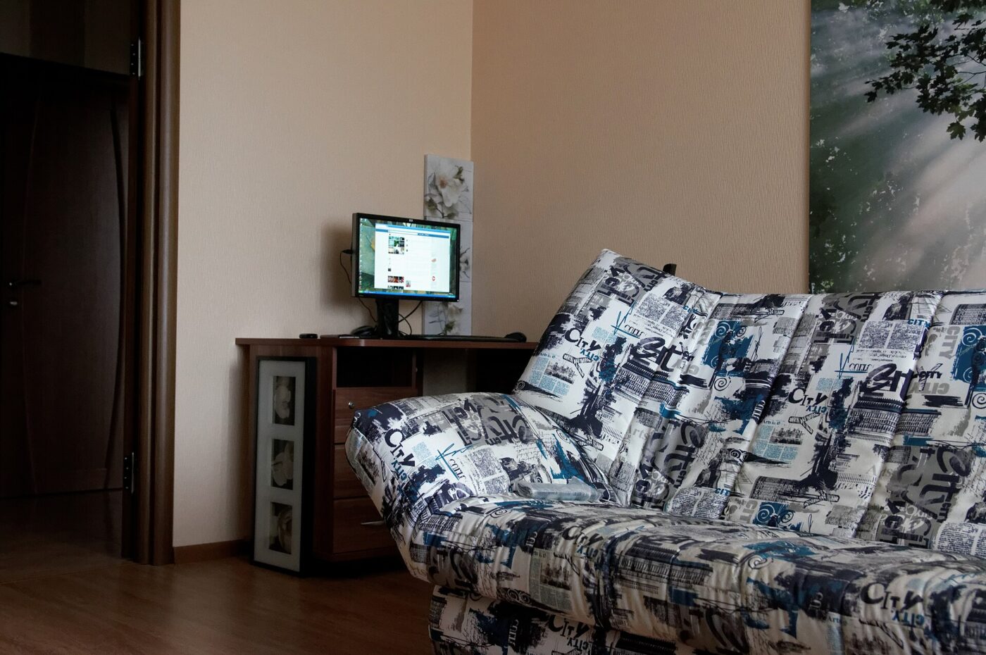 A fabric sofa in a living room.