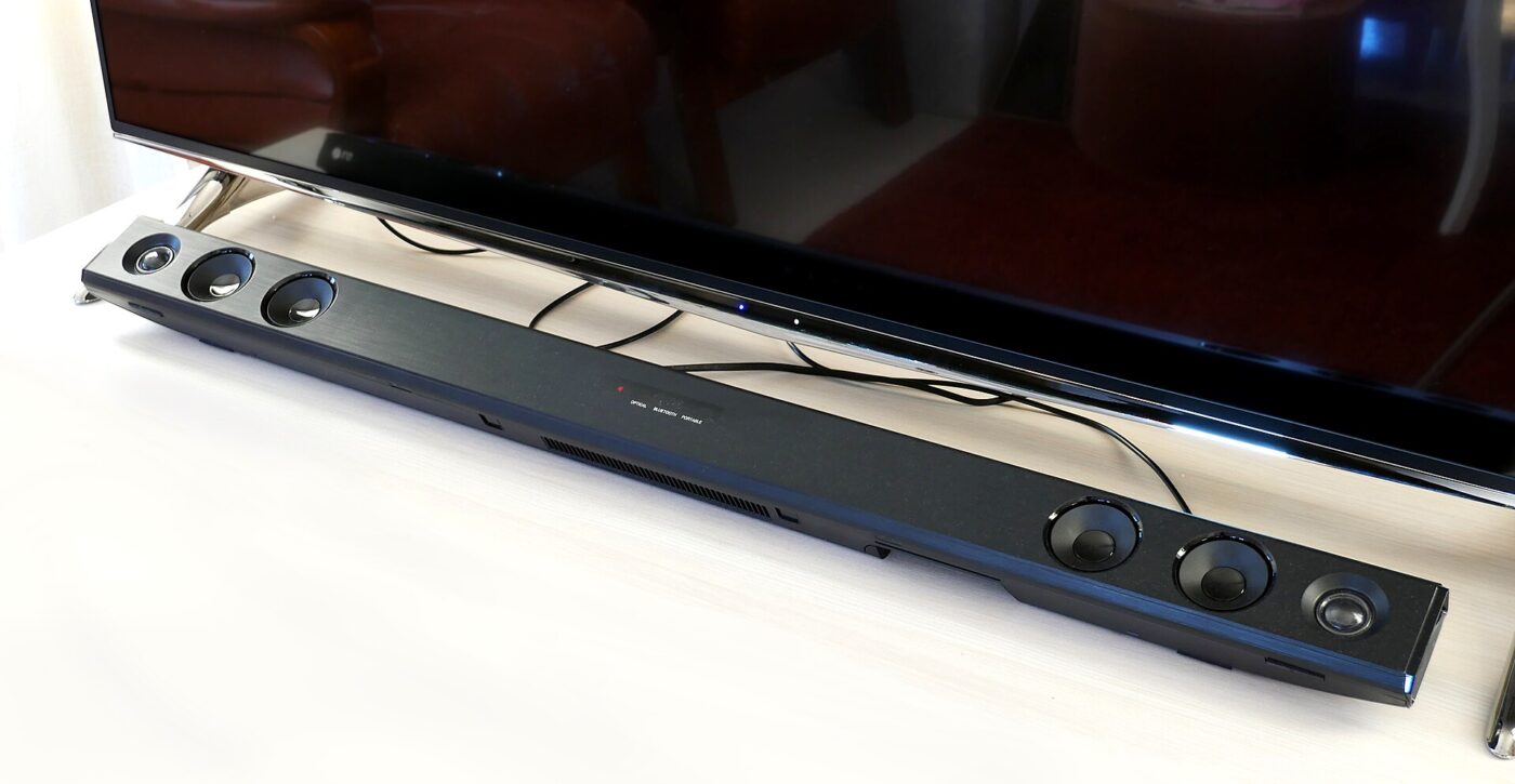 An LG soundbar. Its drivers sit centimetres apart, which limits real stereo separation.