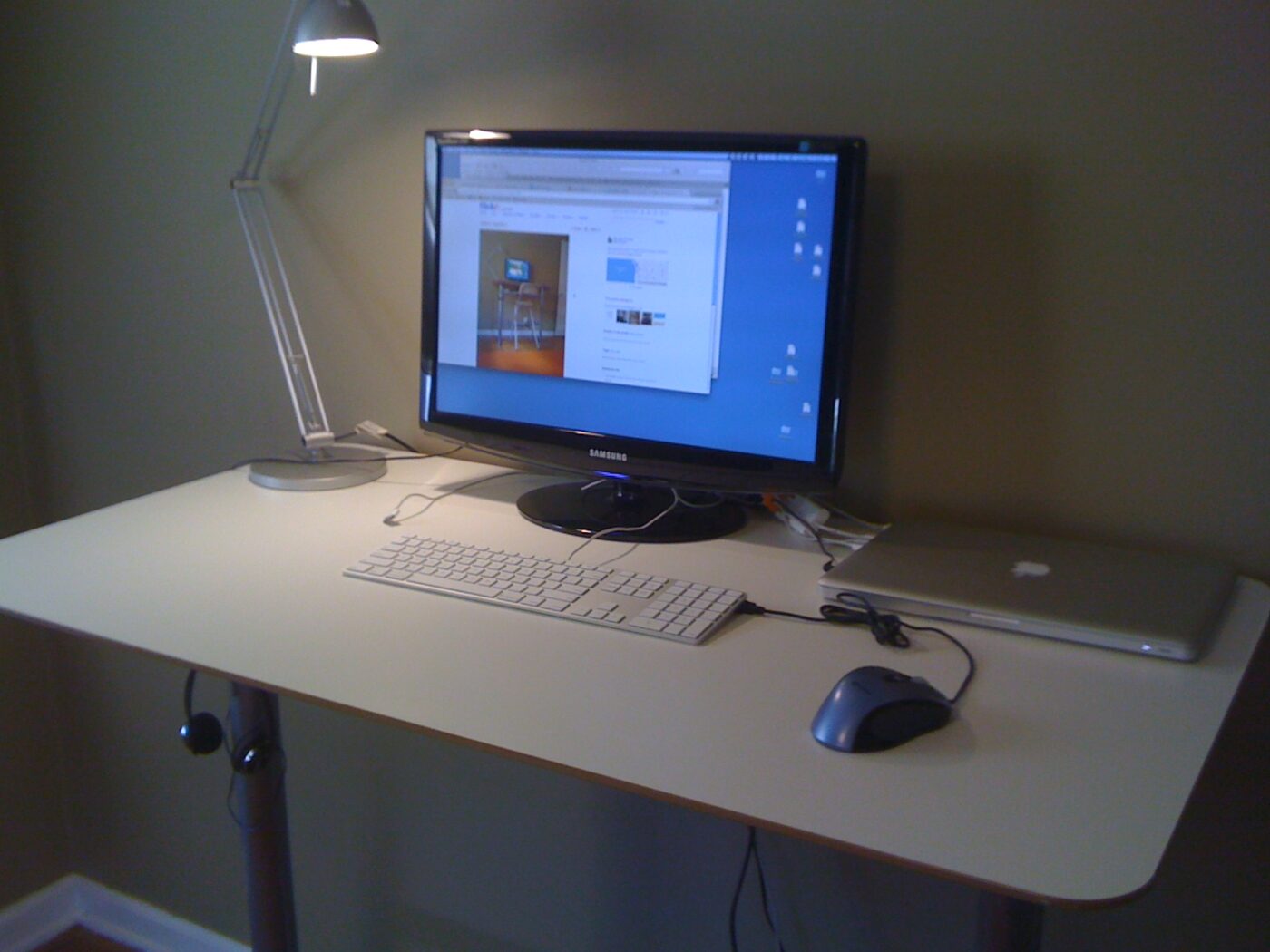 A standing desk in an office.
