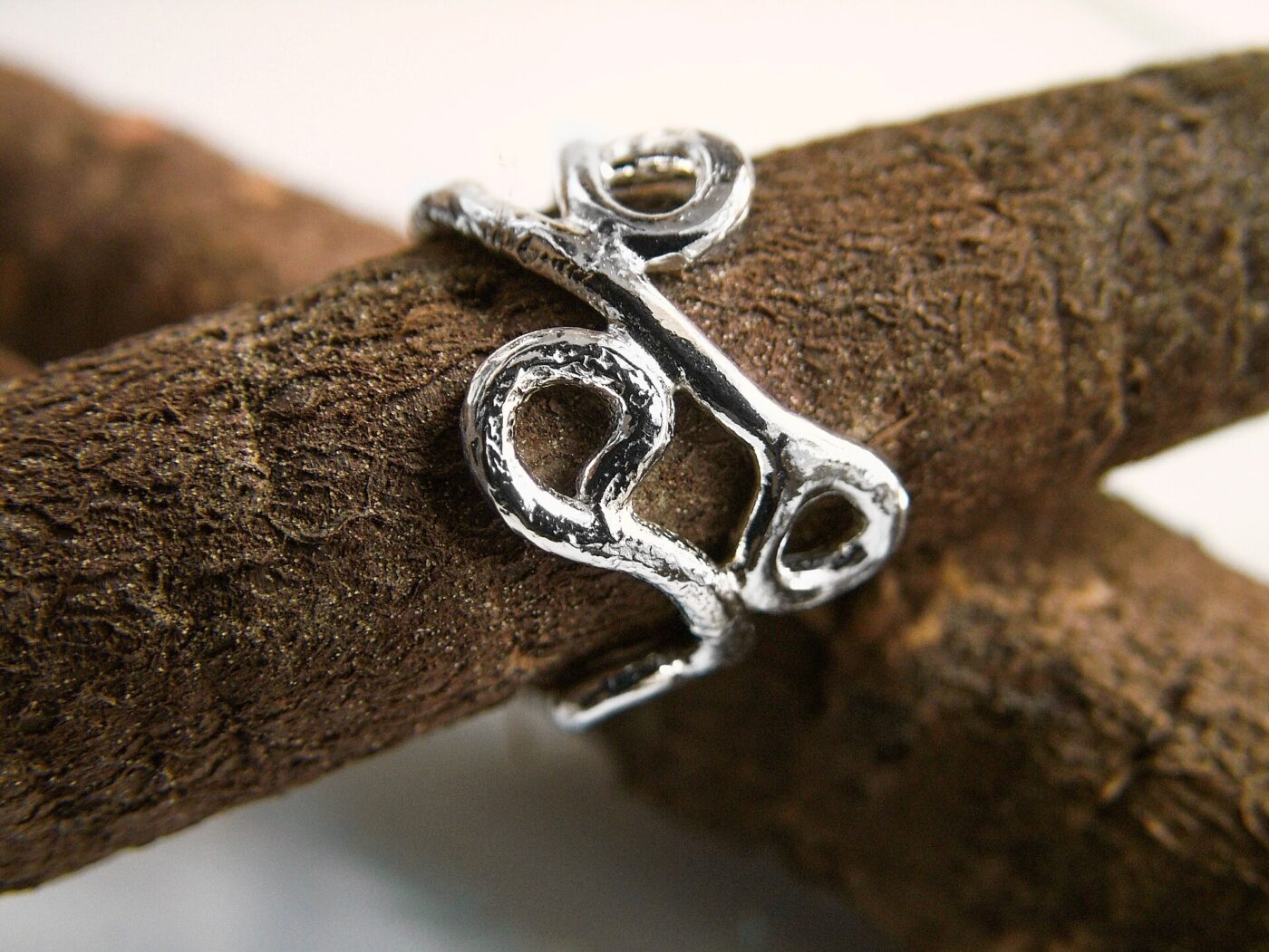 A silver ring on a wooden branch.