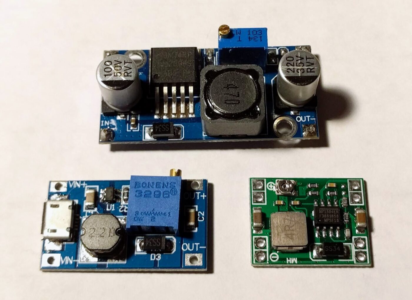Buck and boost converter modules, the circuitry that actually changes voltage. A plug adapter contains none of it.