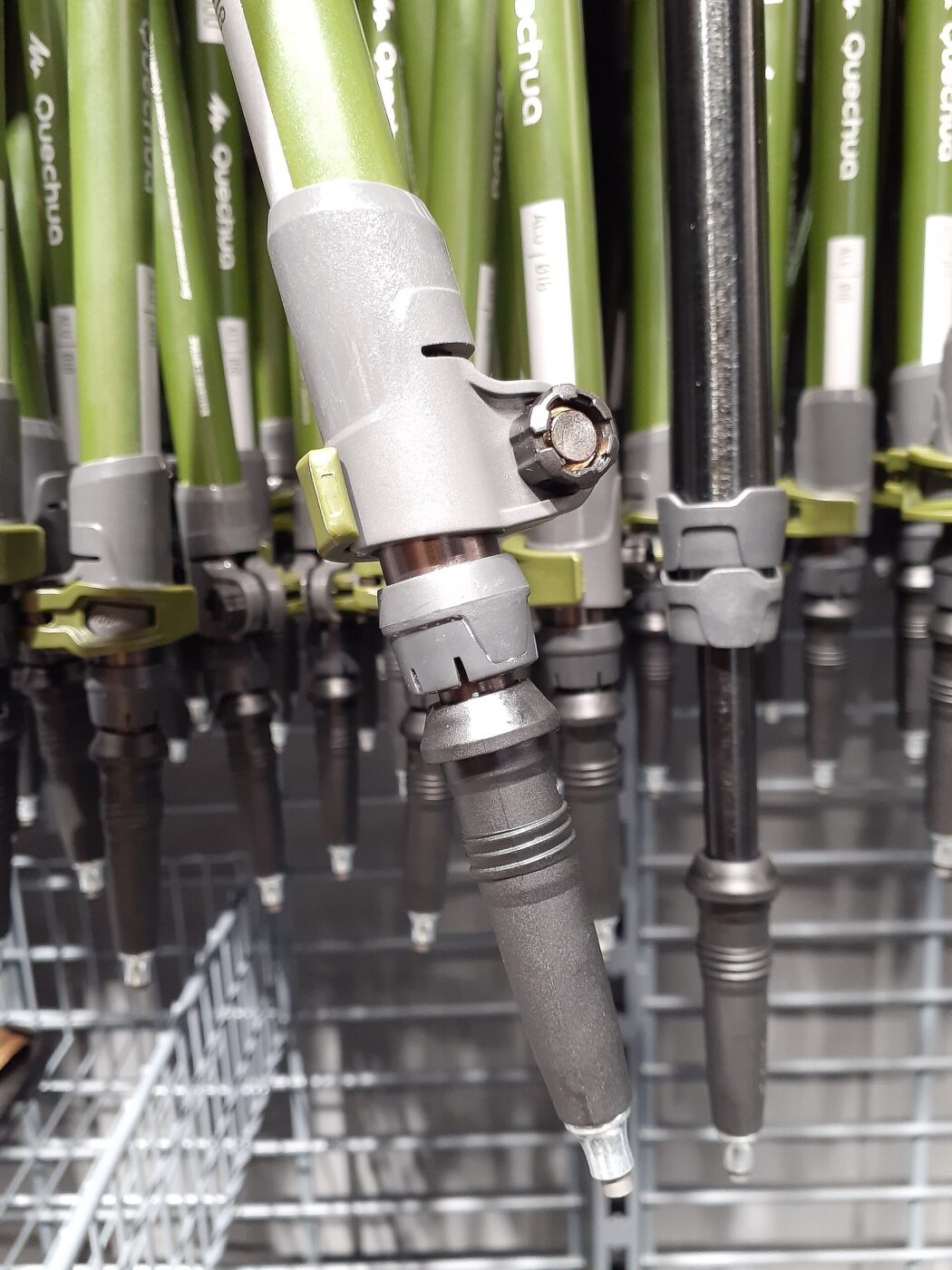 Close-up of trekking pole sections and their locking joints.