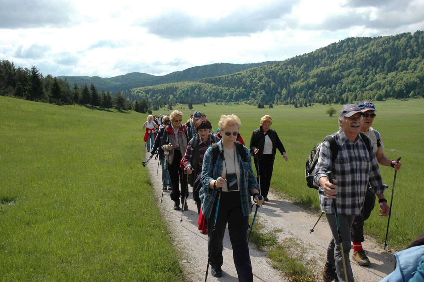 Walkers using trekking poles on a meadow path at Babno Polje, Slovenia.