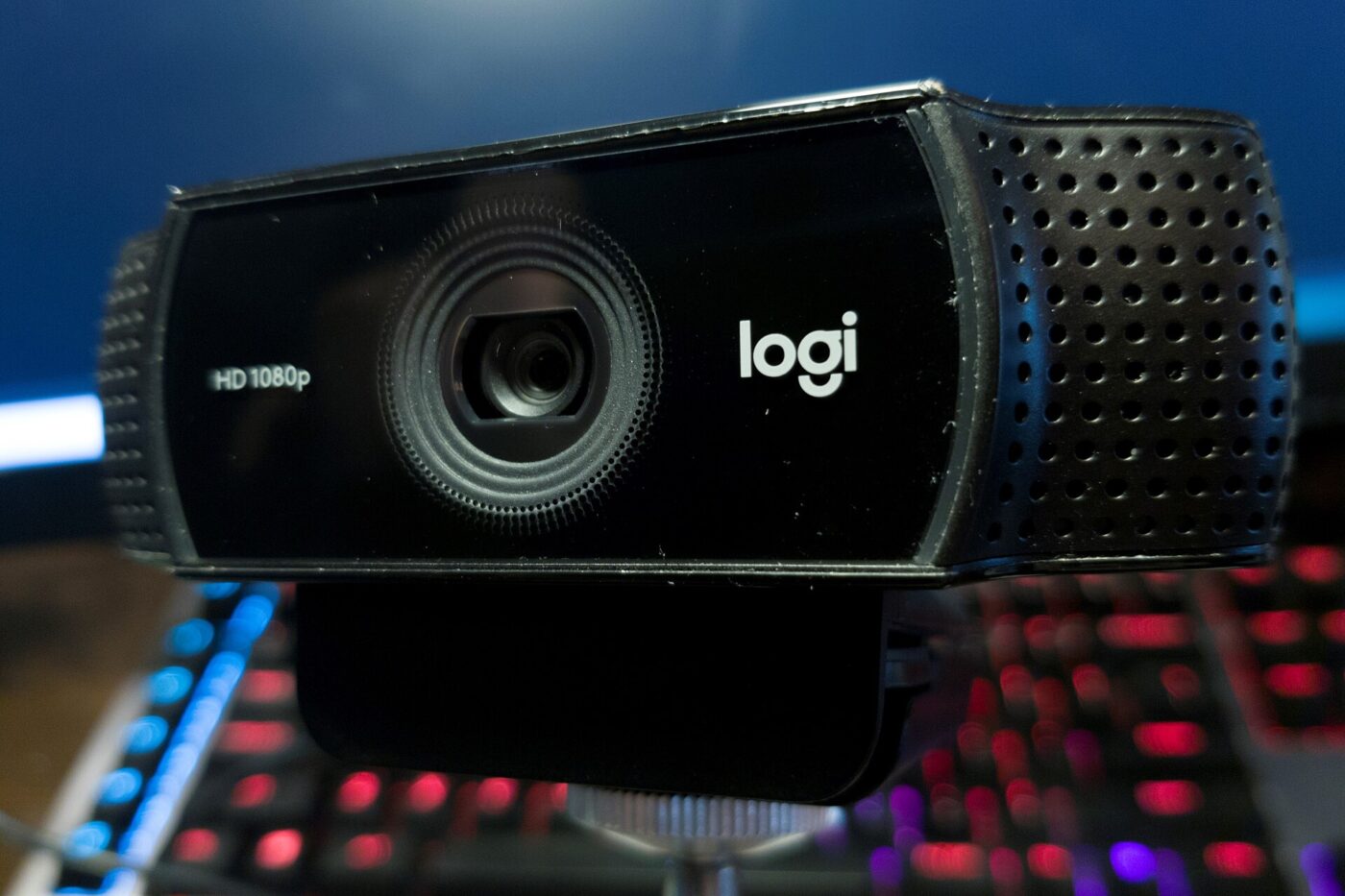 A Logitech webcam, close up.