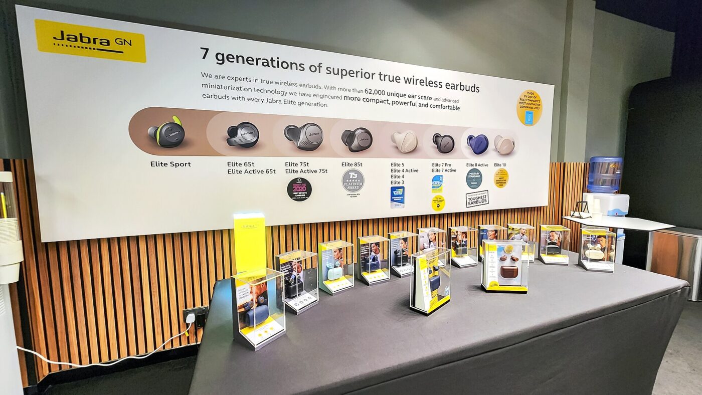 A retail display of wireless earbuds